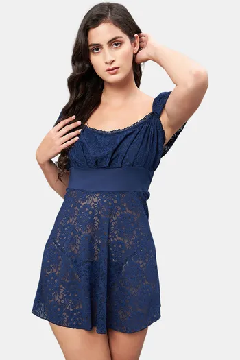 Buy Secrets By ZeroKaata Lace Babydoll With Thong - Navy Blue